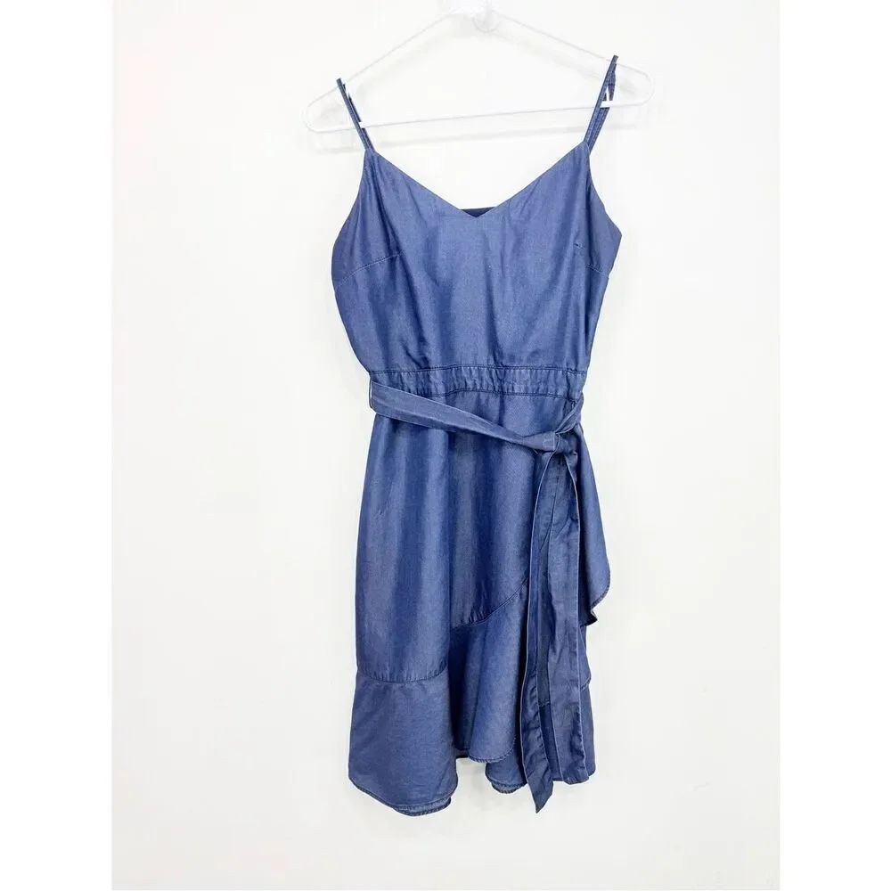 Banana Republic Petite Blue Chambray Ruffle Wrap Skirt Belted Tank Dress